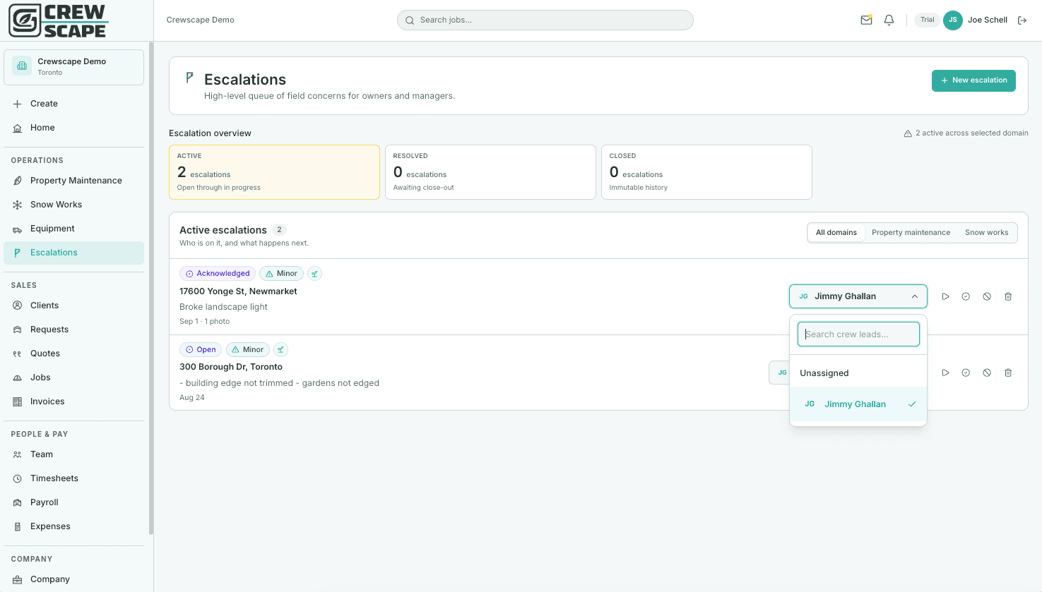 Crewscape escalation tracking screen — active escalations with status, severity, and assignment