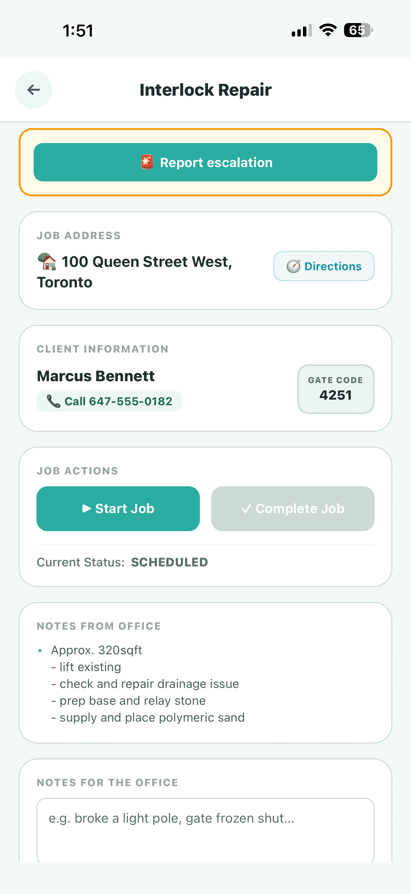 Crewscape mobile app showing landscape job details in the field