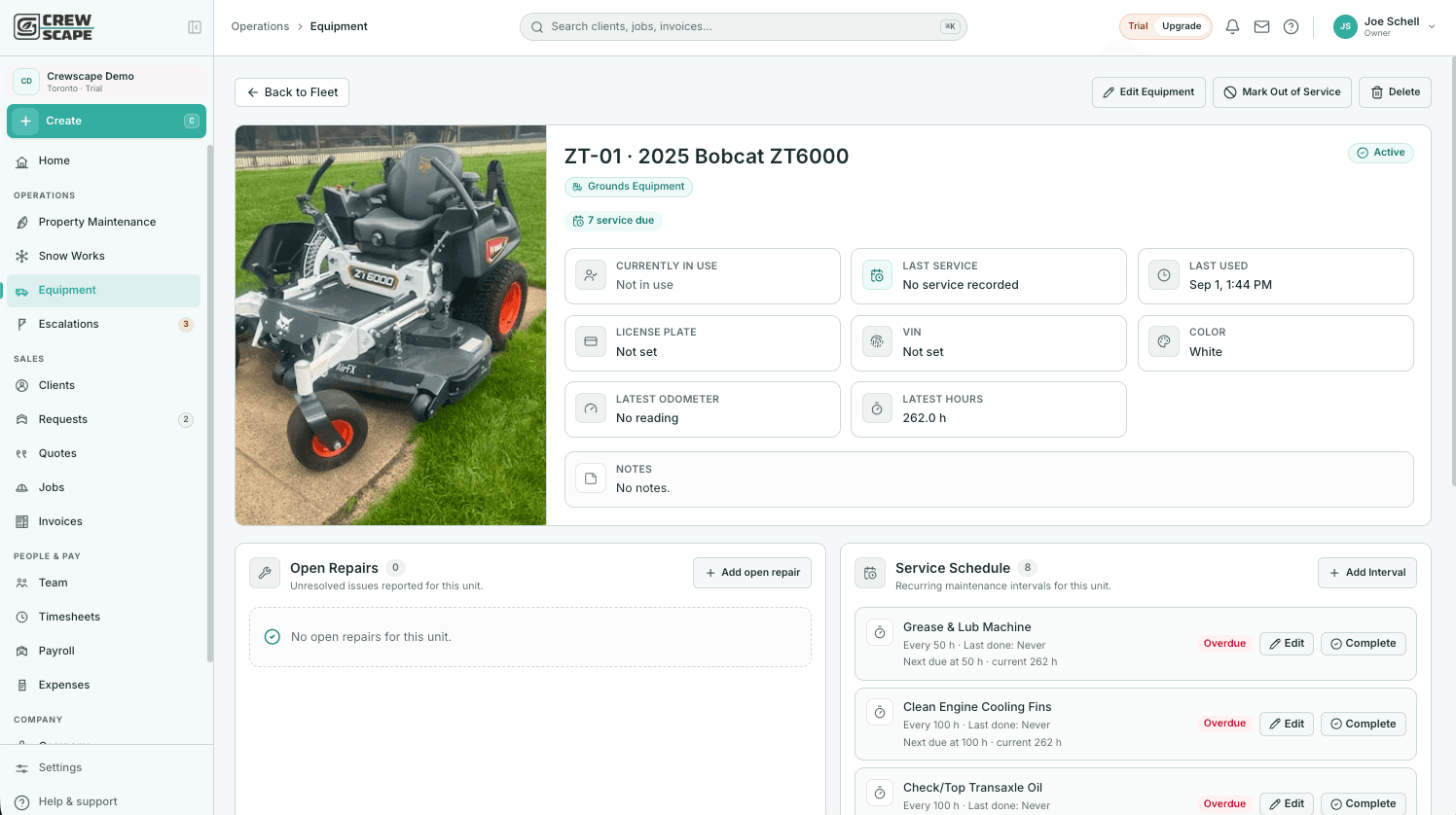 Crewscape equipment maintenance record for lawn care mowers and trimmers