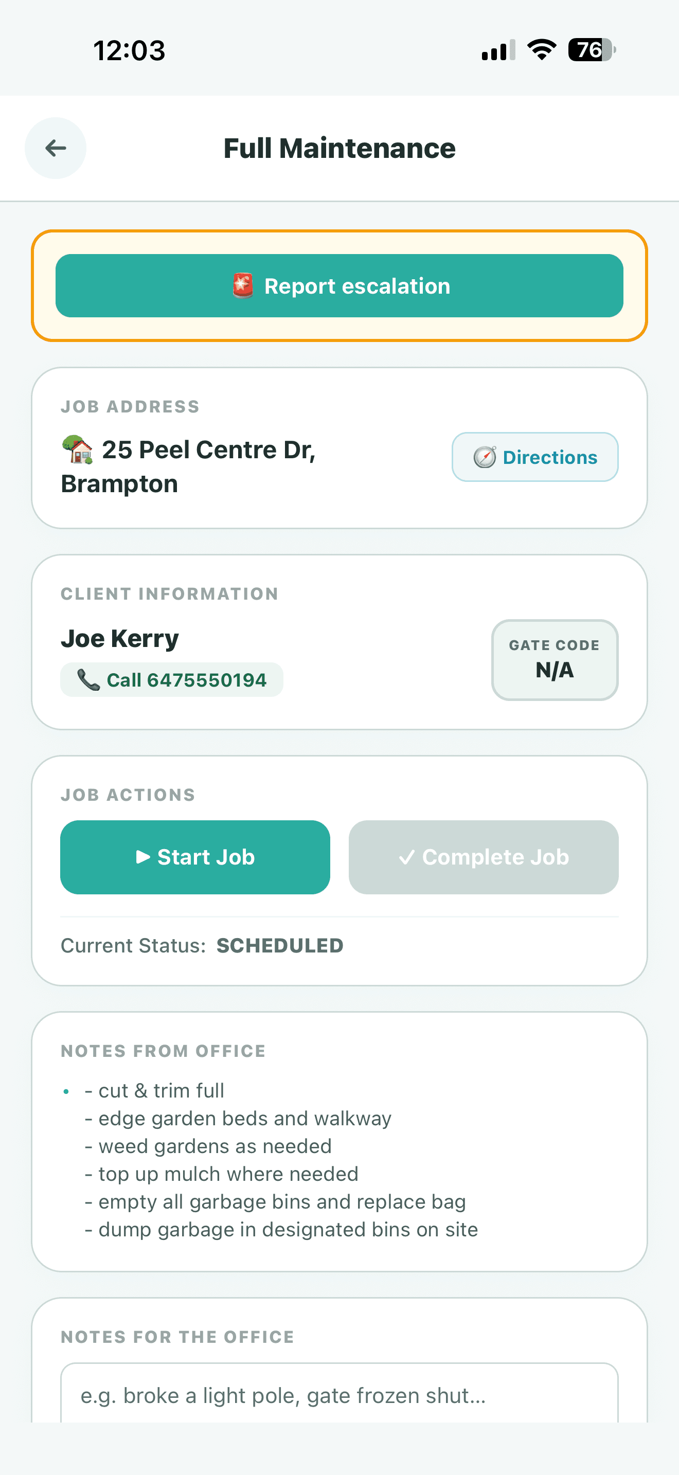 Crewscape mobile app showing a lawn service visit with property details and service photos