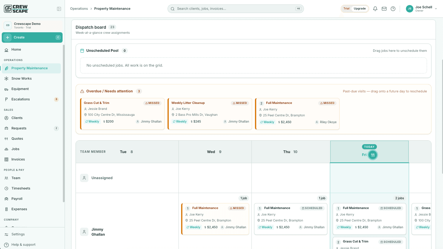 Crewscape recurring lawn care maintenance schedule showing weekly property visits by crew