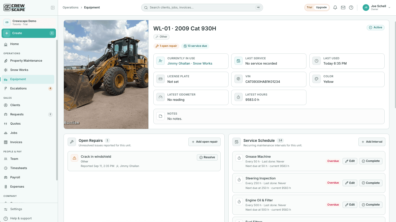Crewscape equipment maintenance and repair record for snow removal equipment