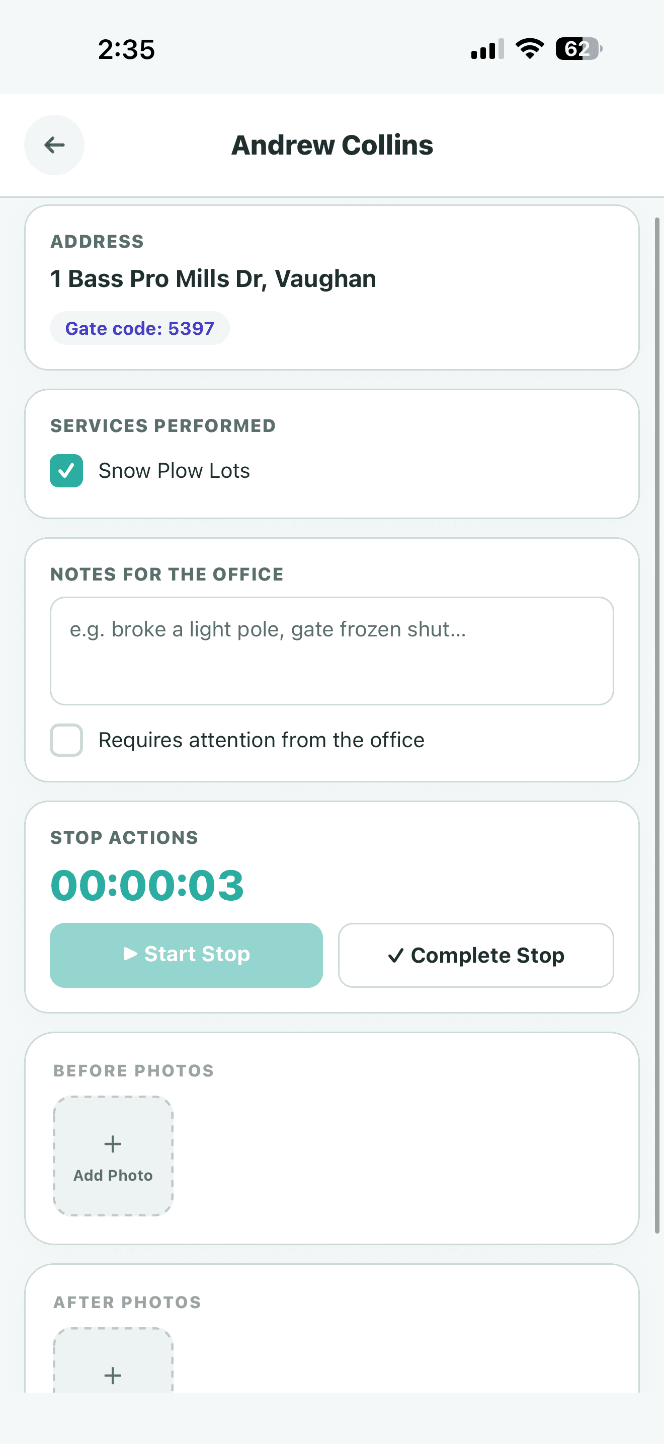 Crewscape mobile app showing a snow removal service log with photos