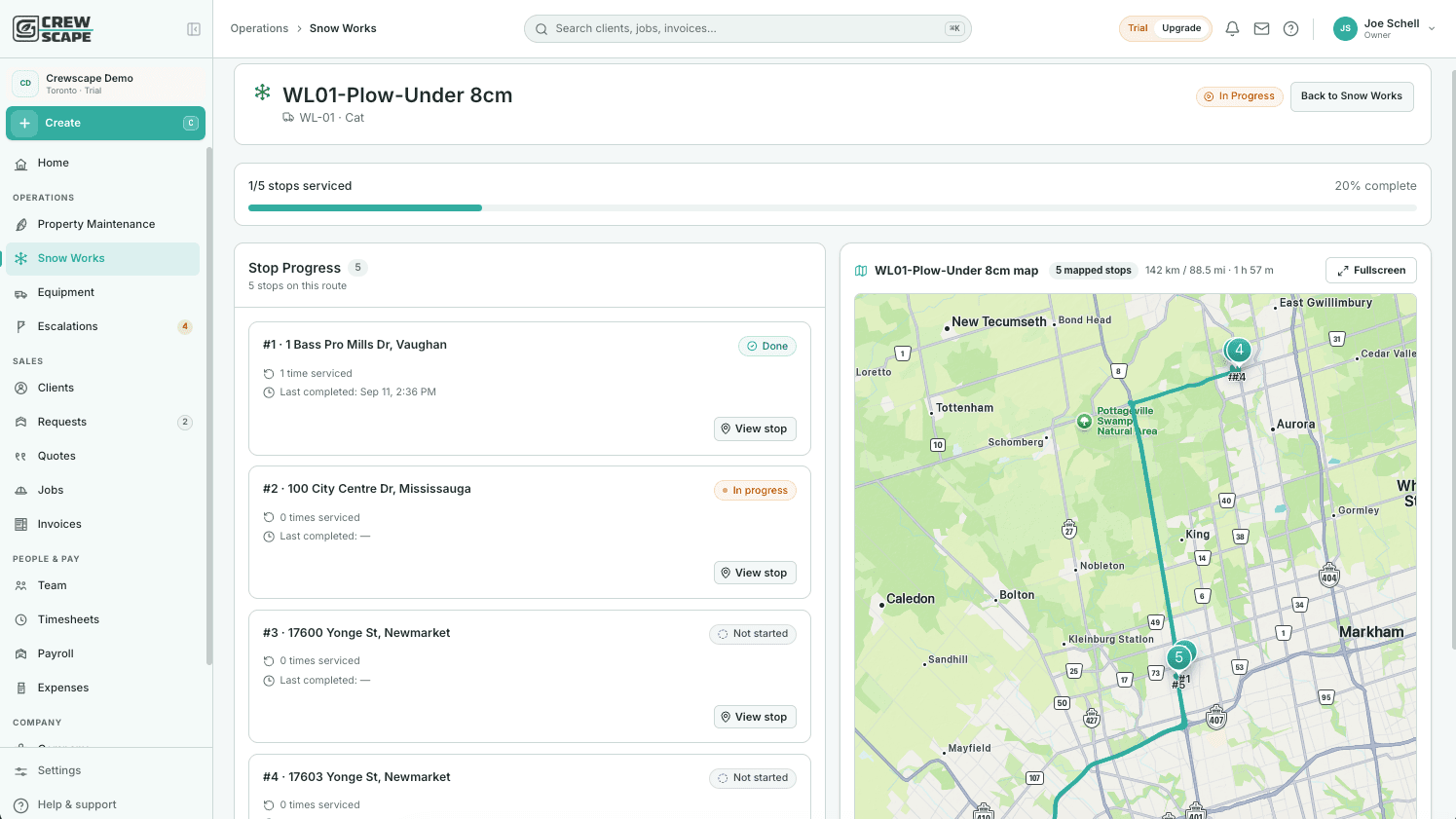 Crewscape live storm operations dashboard showing active snow crews and route progress