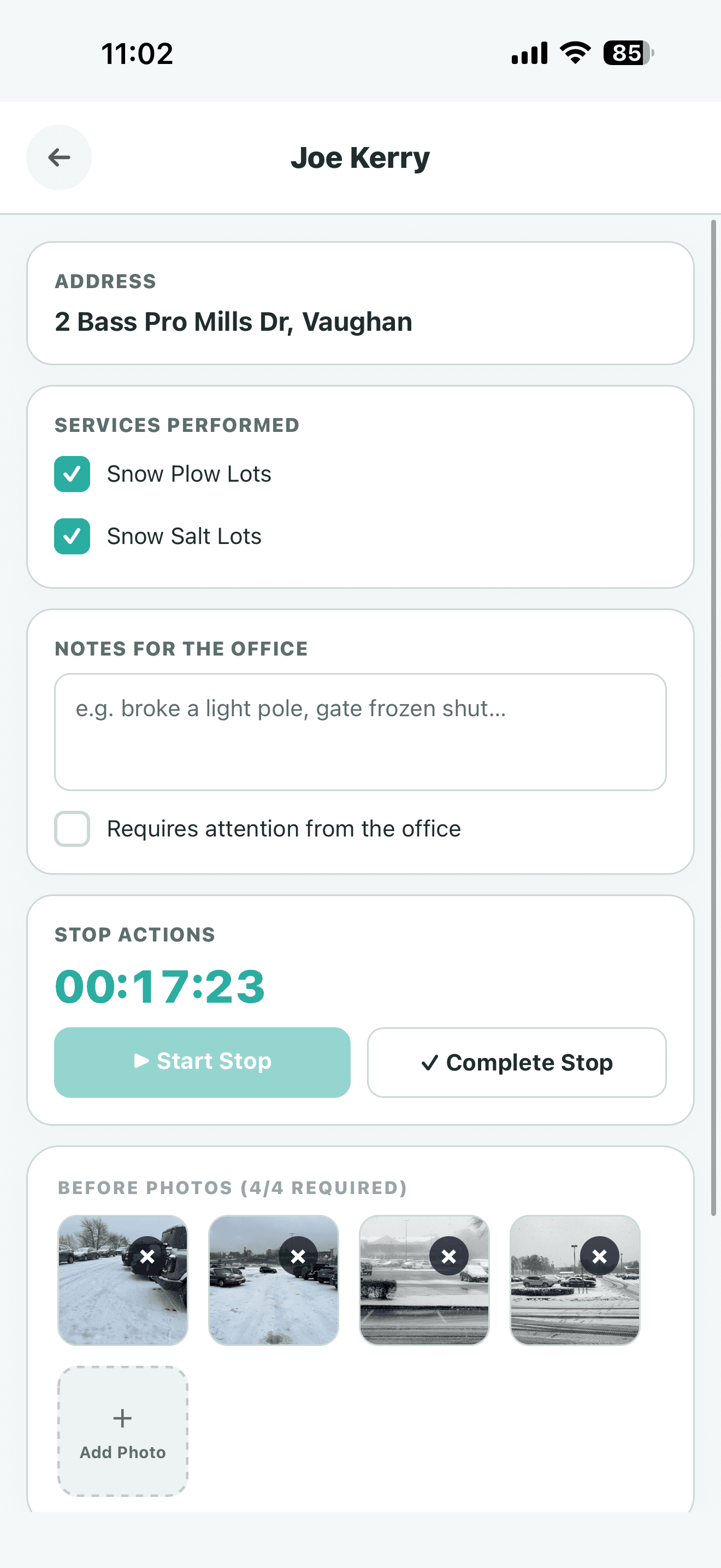 Crewscape mobile app — a crew member documenting a snow site with before photos and service notes