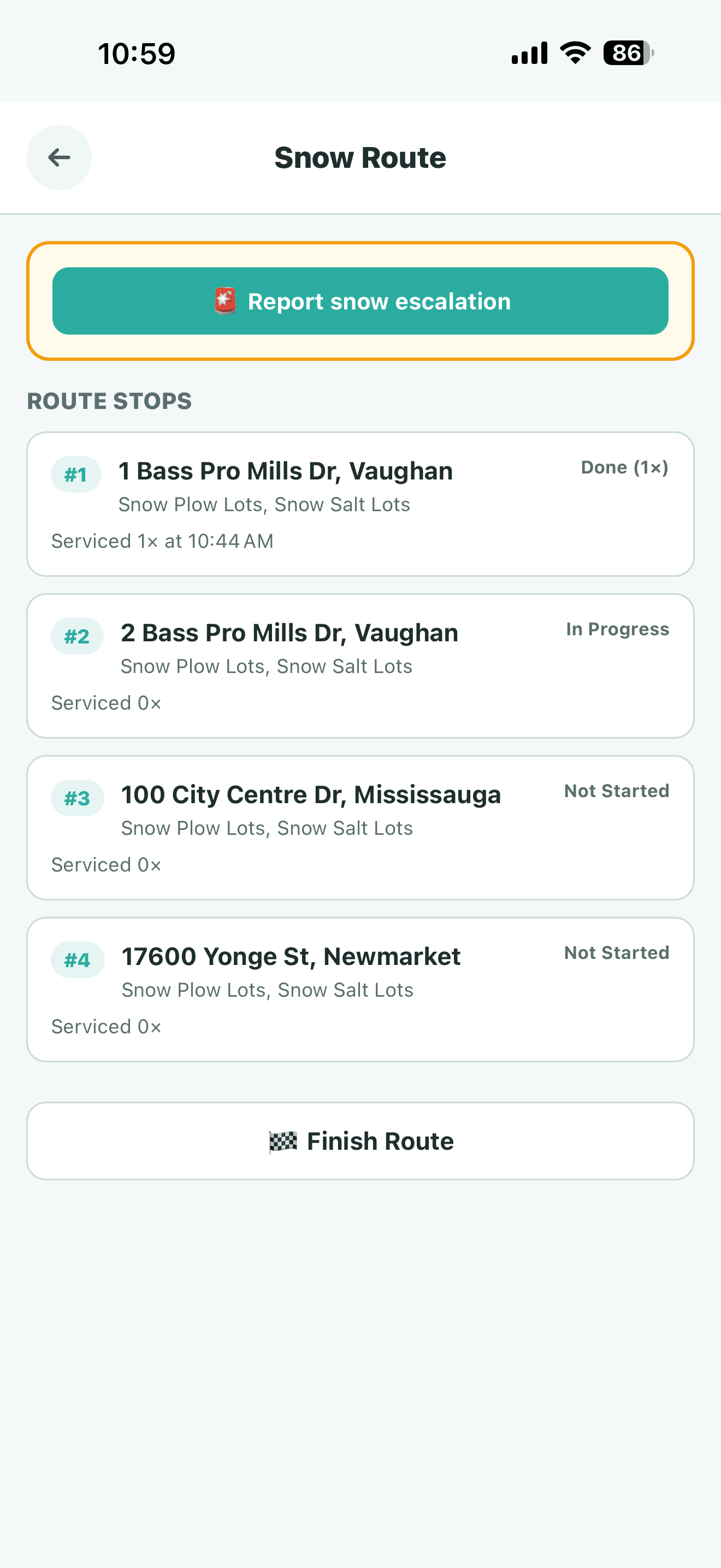 Crewscape mobile app — a crew member's snow route stops and service status