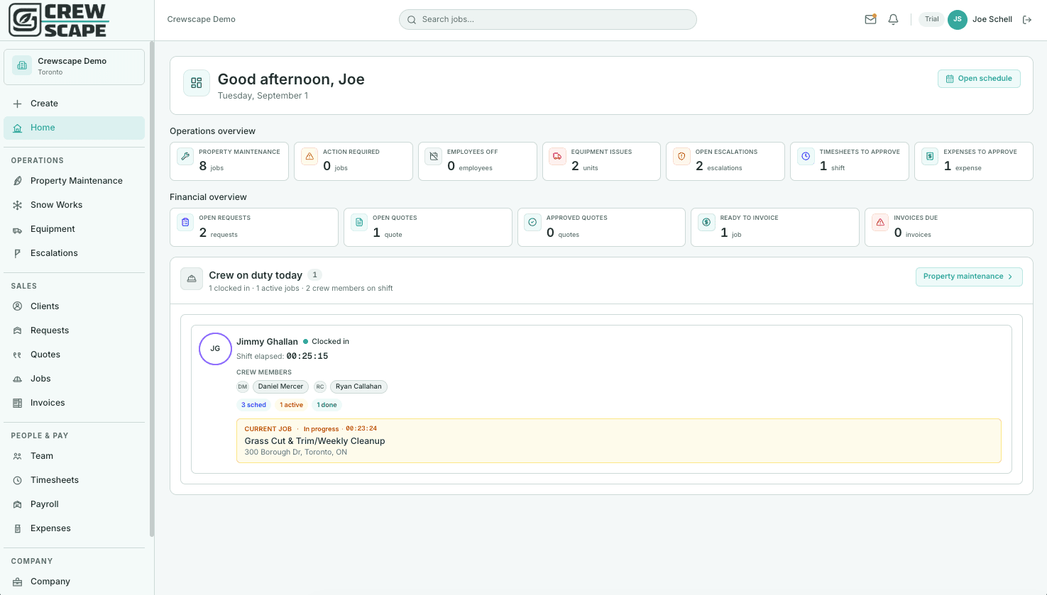 Crewscape owner dashboard — operations overview, financial overview, and crew on duty today