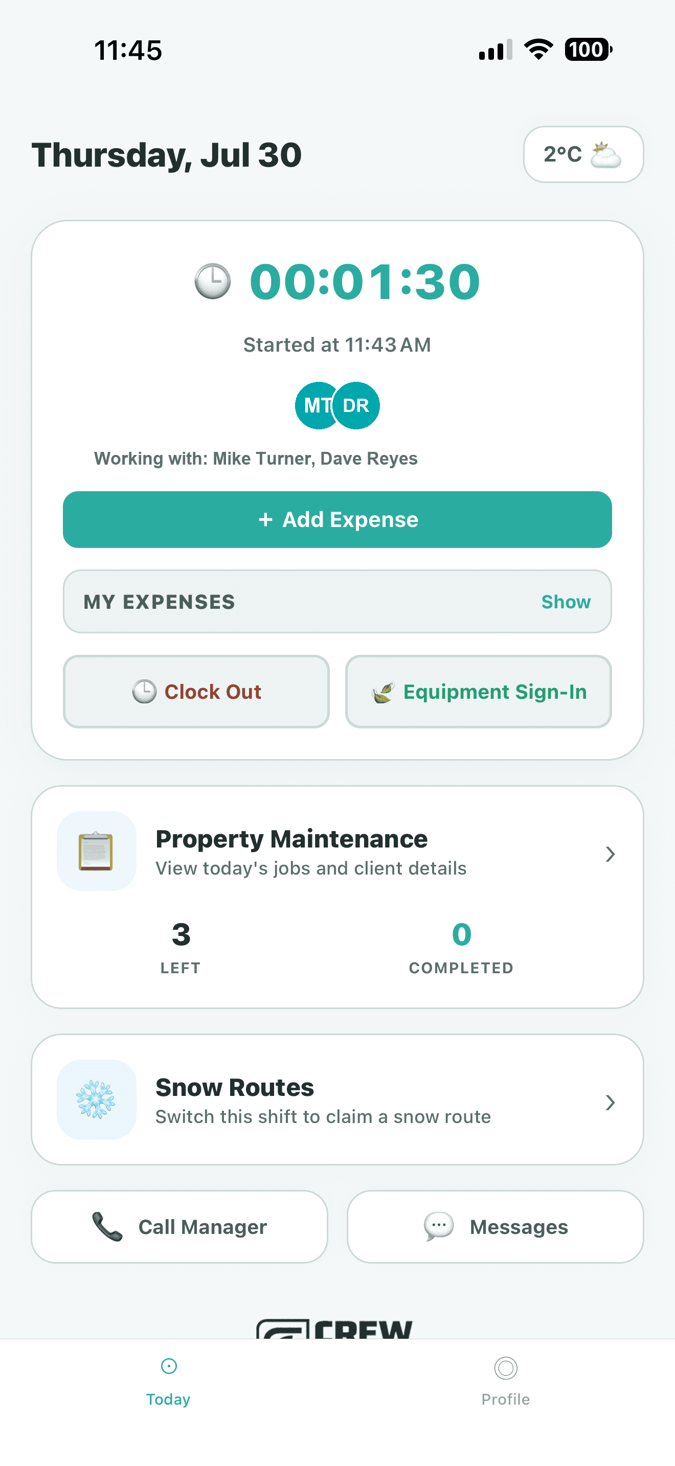 Crewscape mobile app — a crew member's daily view with clock in/out and today's jobs